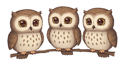 Three Cute Cartoon Owls Perched on a Branch Illustration for Kids