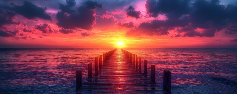 Sunset over the tranquil ocean with a silhouetted pier stretching into the distance - Powered by Adobe