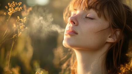Fototapeta premium A young woman with red hair exhales a breath of steam in a sunlit field of wildflowers at golden hour creating a serene and peaceful atmosphere.