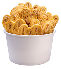 Palmiers Recipe or Puff Pastry Dough in paper bucket isolated on white background, Butterfly Pie on white PNG File.