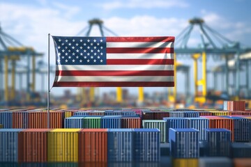 A flag is on a pole in front of a large pile of containers. The flag is the American flag and it is waving in the wind. The scene is of a port or a shipping yard