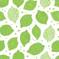 Seamless pattern of green lemon slices with varied textures like stripes and dots, set against a white background