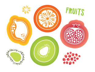Collection of fruit slices including lemon, orange, kiwi, and pomegranate with colorful textures
