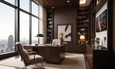 Fototapeta premium Sophisticated office with a dark wood desk, leather chair, and luxurious accessories. Task lighting above the desk ensures optimal illumination, while soft ambient