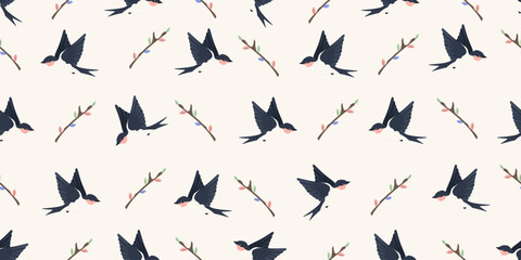 Spring Seamless pattern. Simple flat style Swallow wallpaper vector illustration isolated transparent background. Springtime bird wall deco template design. EPS 10