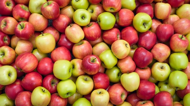 A high-angle close-up view of a large pile of fresh red and green apples.