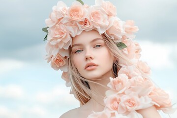 Fototapeta premium Woman with pastel flower crown under cloudy sky, natural beauty and soft tones