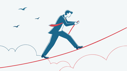 Businessman Walking on Tightrope with Symbolizing Risk, Vision, and Ambition in Career Growth and Success