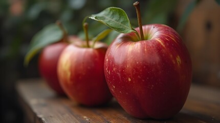 This close-up image features three vibrant red apples with green leaves on a rustic wooden surface.