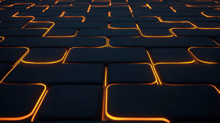 Fototapeta premium glowing neon grid forms futuristic technology background with dark tiles orange light