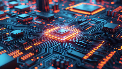 Closeup electronic microchip with glowing circuits futuristic processor semiconductor technology digital motherboard computing AI cyberpunk tech innovation high speed performance