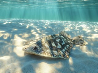 Obraz premium Flounder Resting on Sand Seabed with Sunlight Rays Penetrating Water