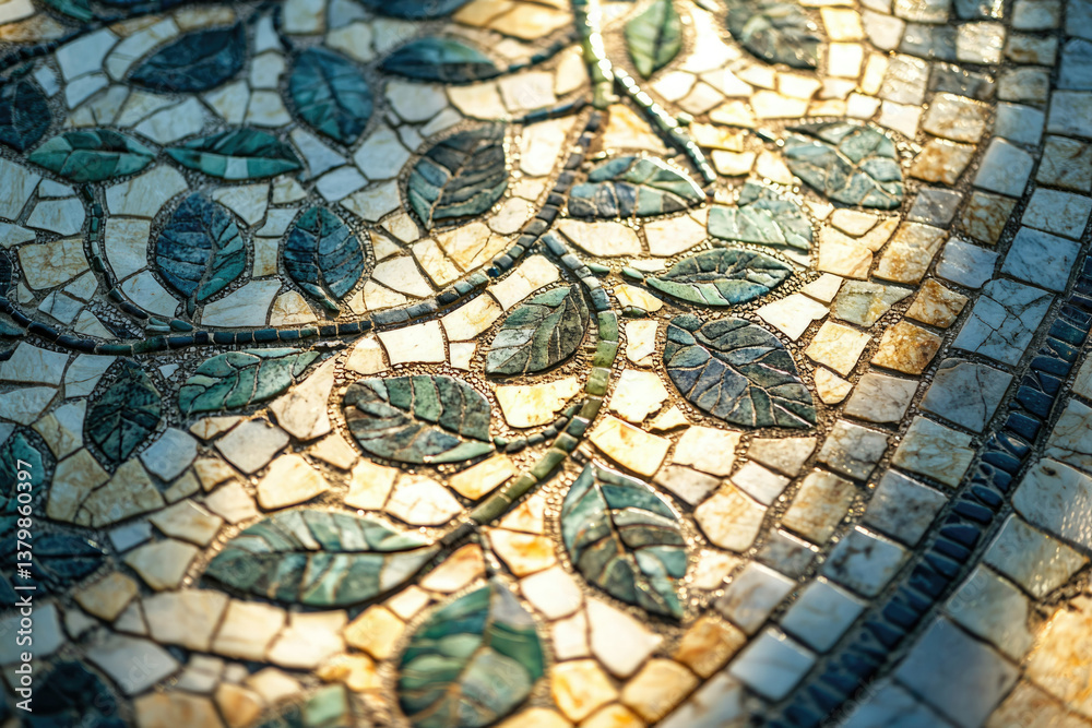 Aufkleber close-up of a mosaic featuring a leaf pattern, showcasing intricate detail and varied stone colors.