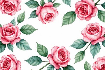Delicate watercolor roses & leaves, repeating floral pattern, flower background, watercolor floral