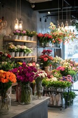 Fototapeta premium A flower shop with many different types of flowers on display. The shop is brightly lit and has a warm, inviting atmosphere