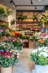 Fototapeta premium A flower shop with many different types of flowers on display. The shop is brightly lit and has a warm, inviting atmosphere