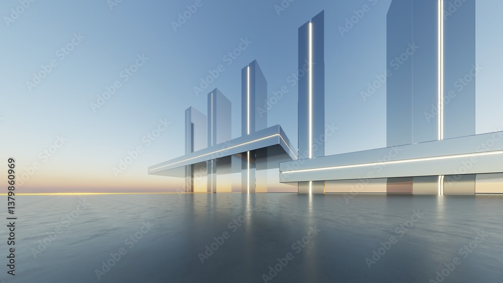 Aufkleber 3d illustration of abstract minimal architecture background, geometric architectural with chrome or metallic design with neon light