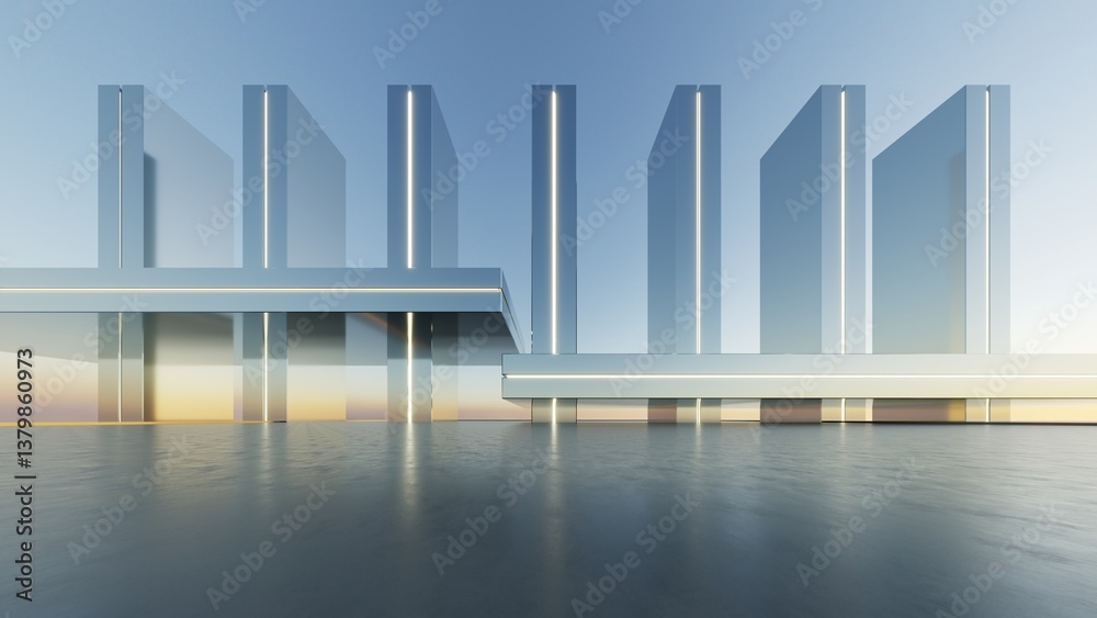 Aufkleber 3d illustration of abstract minimal architecture background, geometric architectural with chrome or metallic design with neon light