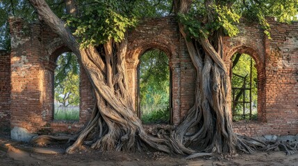 Fototapeta premium Ancient brick ruins entwined with large tree roots in a serene natural setting during daylight