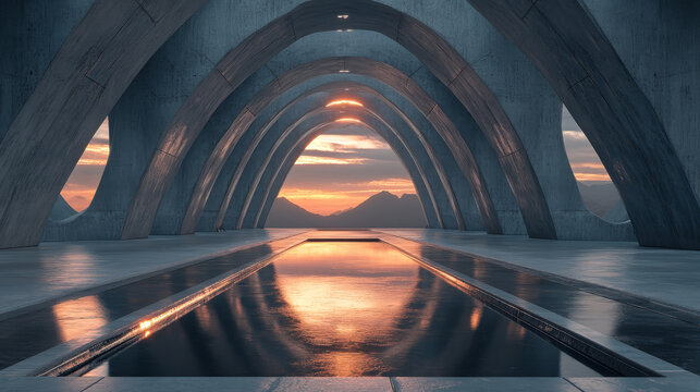 Modern Architectural Space Reflecting Sunset