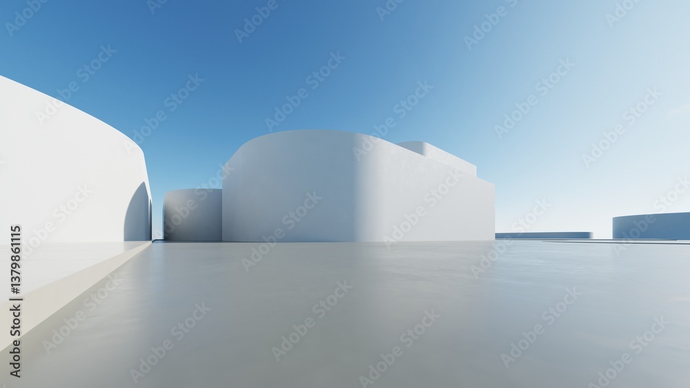 Poster 3d render of abstract modern architecture with empty cement floor, minimal exterior, car presentatio