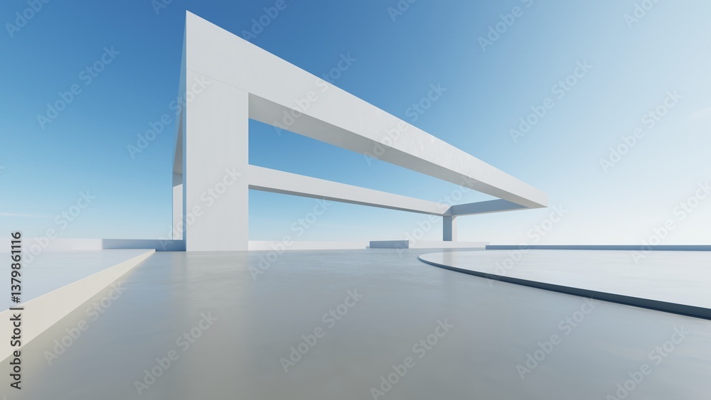 Poster 3d render of abstract modern architecture with empty cement floor, minimal exterior, car presentatio