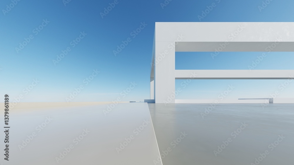 Poster 3d render of abstract modern architecture with empty cement floor, minimal exterior, car presentation background