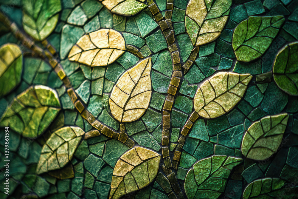 Poster intricate mosaic artwork depicting a tree branch with leaves in shades of green and gold.