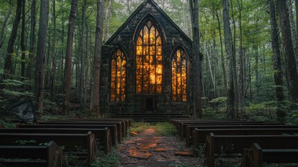 Fototapeta premium Abandoned stone chapel surrounded by dense forest illuminated by glowing stained glass windows