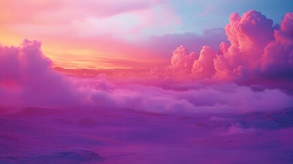 Naklejka premium Dreamscape: Ethereal pink and purple skies meet misty, undulating landscapes