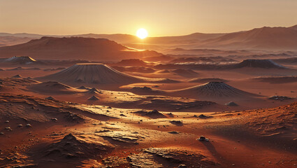 Otherworldly Martian desert illuminated by a golden sunset with vast sand dunes and volcanic hills creating a surreal extraterrestrial landscape perfect for sci-fi and space themes