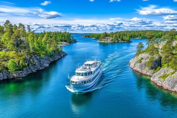 A ferry cruising through the Helsinki archipelago, surrounded by small islands and deep blue waters