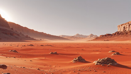Naklejka premium Expansive view of the Martian desert featuring a vast red terrain with scattered rock formations and distant cliffs under a soft atmospheric glow showcasing extraterrestrial beauty