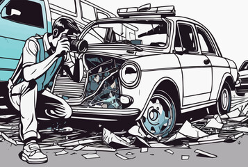 A Journalist taking photograph of a broken car in an accident