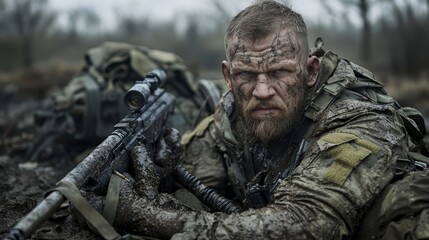 Fototapeta premium Military action soldier camouflaged in mud battlefield portrait gritty environment intense viewpoint war concept