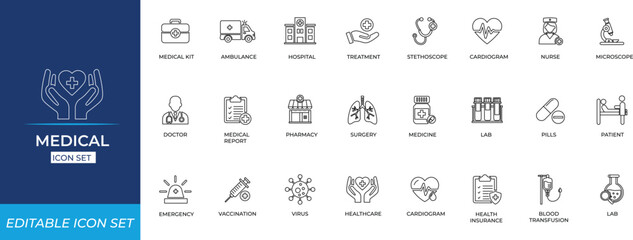 Medical line icon set featuring healthcare, wheelchair, disability, science, test, aid, doctors, medicine, diagnosis, treatment, emergency care, and clinical service symbols.