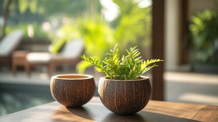 Two coconut shell planters with fern