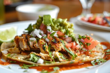 Grilled Chicken Tacos Recipe: A Delicious Mexican Dish with Guacamole, Pico de Gallo, and Cilantro, Served on Warm Tortillas with Lime Wedges.  Enjoy this Simple yet Flavorful Meal!