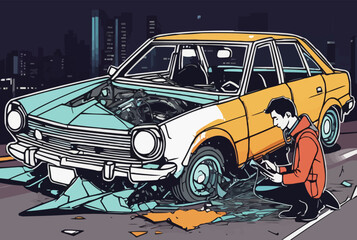 A Journalist taking photograph of a broken car in an accident