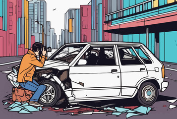 A Journalist taking photograph of a broken car in an accident