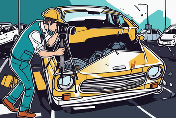 A Journalist taking photograph of a broken car in an accident