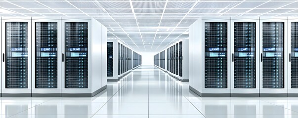 A long corridor of high-tech server racks in a pristine data center, with a clear, minimalist background providing extensive copy space for text or visual elements.
