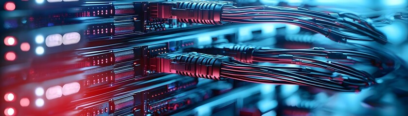 A close-up of high-performance servers in a data center with cables neatly organized, offering a futuristic aesthetic and significant copy space for messaging.