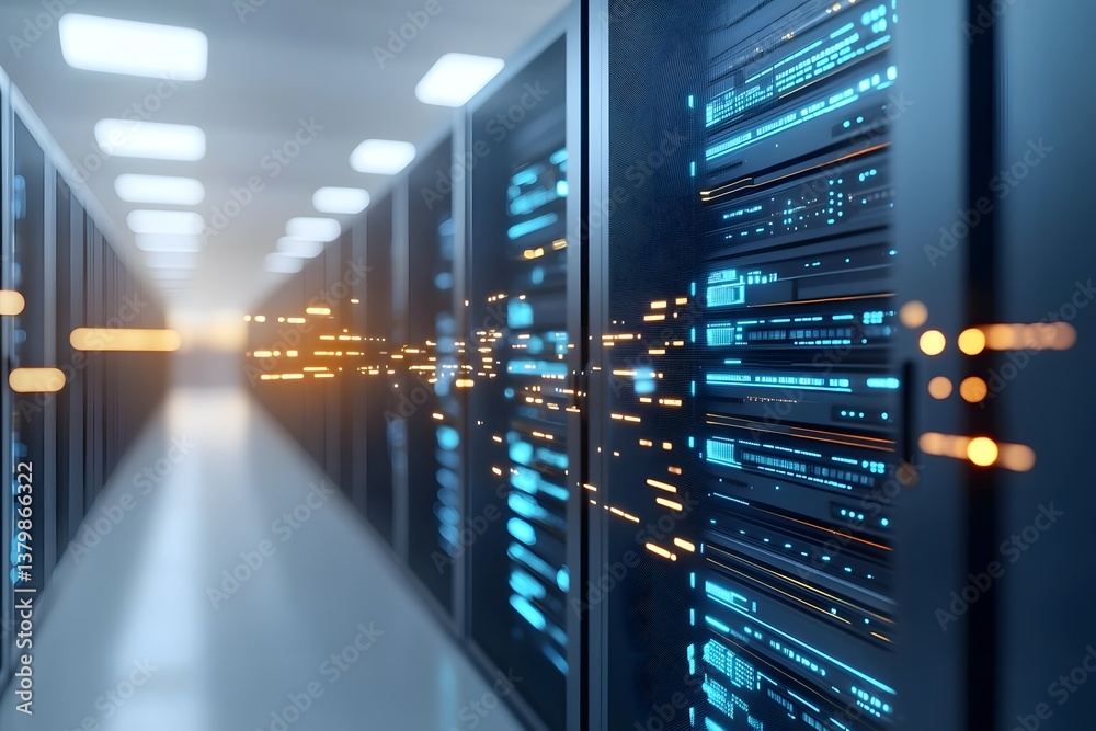 Poster a futuristic data center environment with advanced networking equipment and servers, highlighted by 