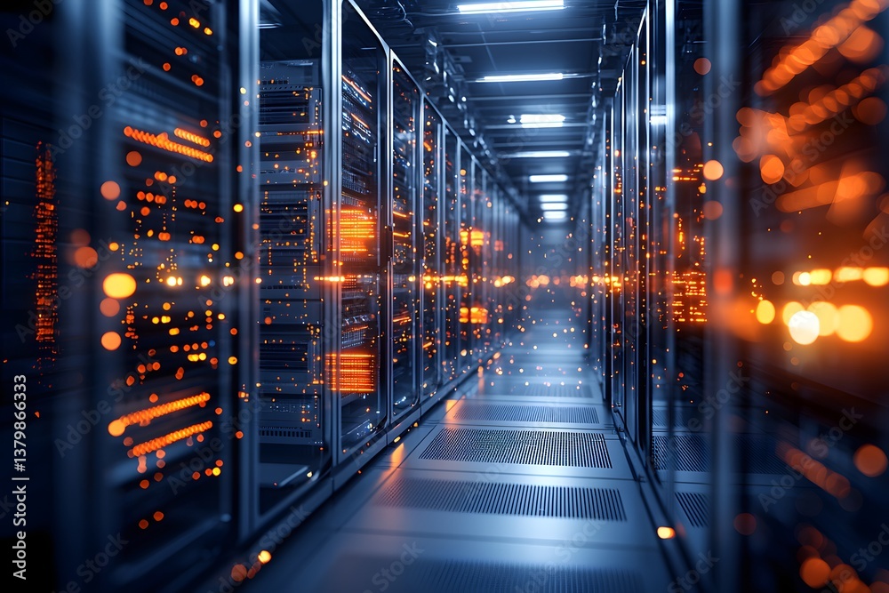 Poster a futuristic data center environment with advanced networking equipment and servers, highlighted by 