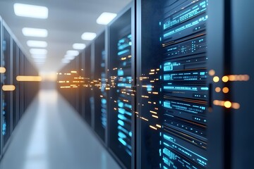 A futuristic data center environment with advanced networking equipment and servers, highlighted by glowing indicators. The composition allows for ample copy space.