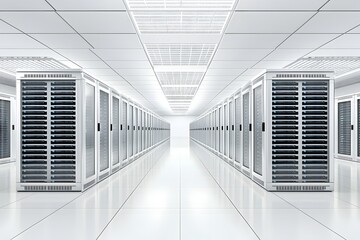 A modern data center with streamlined server racks and advanced cooling systems, designed with copy space for branding or text overlay.