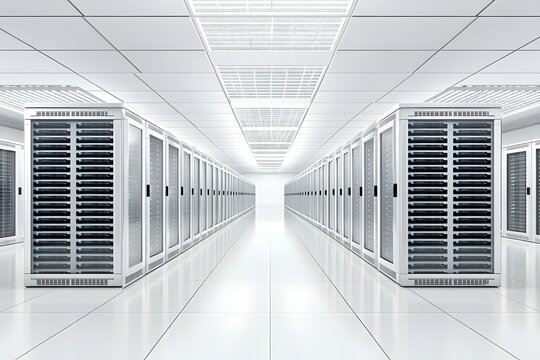 A modern data center with streamlined server racks and advanced cooling systems, designed with copy space for branding or text overlay.