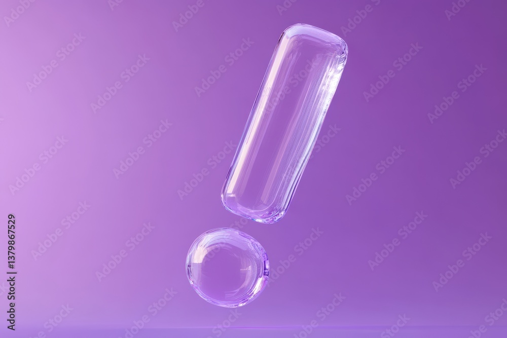 Poster Floating transparent exclamation mark and bubble against a purple background creating a modern visual effect