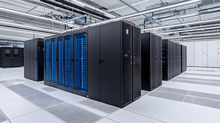 An ultra-modern data center with blue-lit server racks, offering a spacious area in the composition for copy space or additional graphics.
